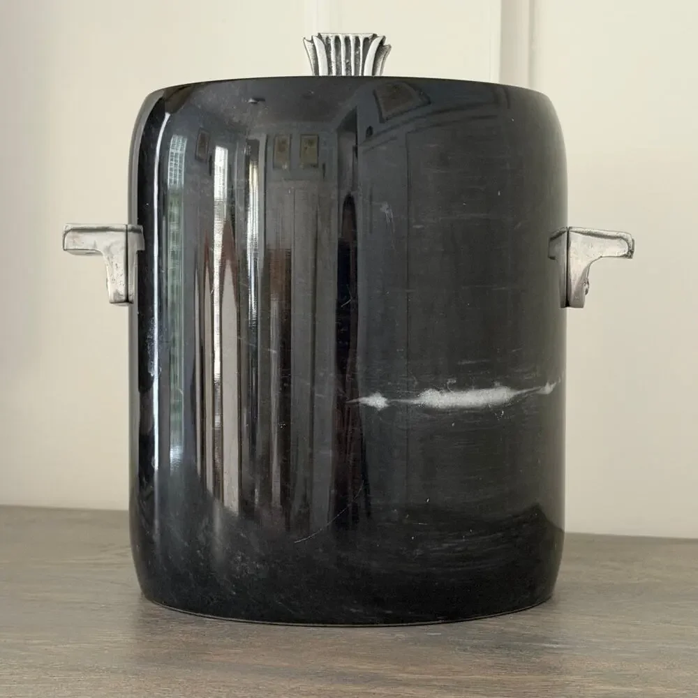 Georges Briard Black Marble Ice Bucket w Lid Silver Handles MCM Mid Century VGUC